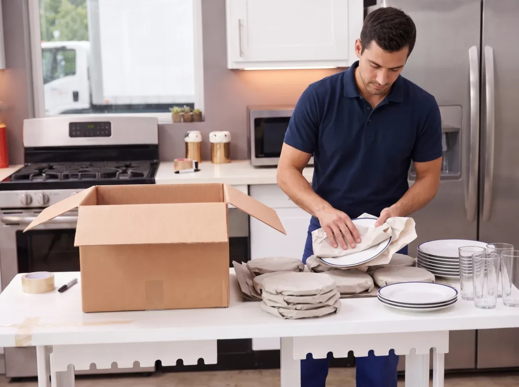 Mover wrapping dishes in packing paper in a kitchen