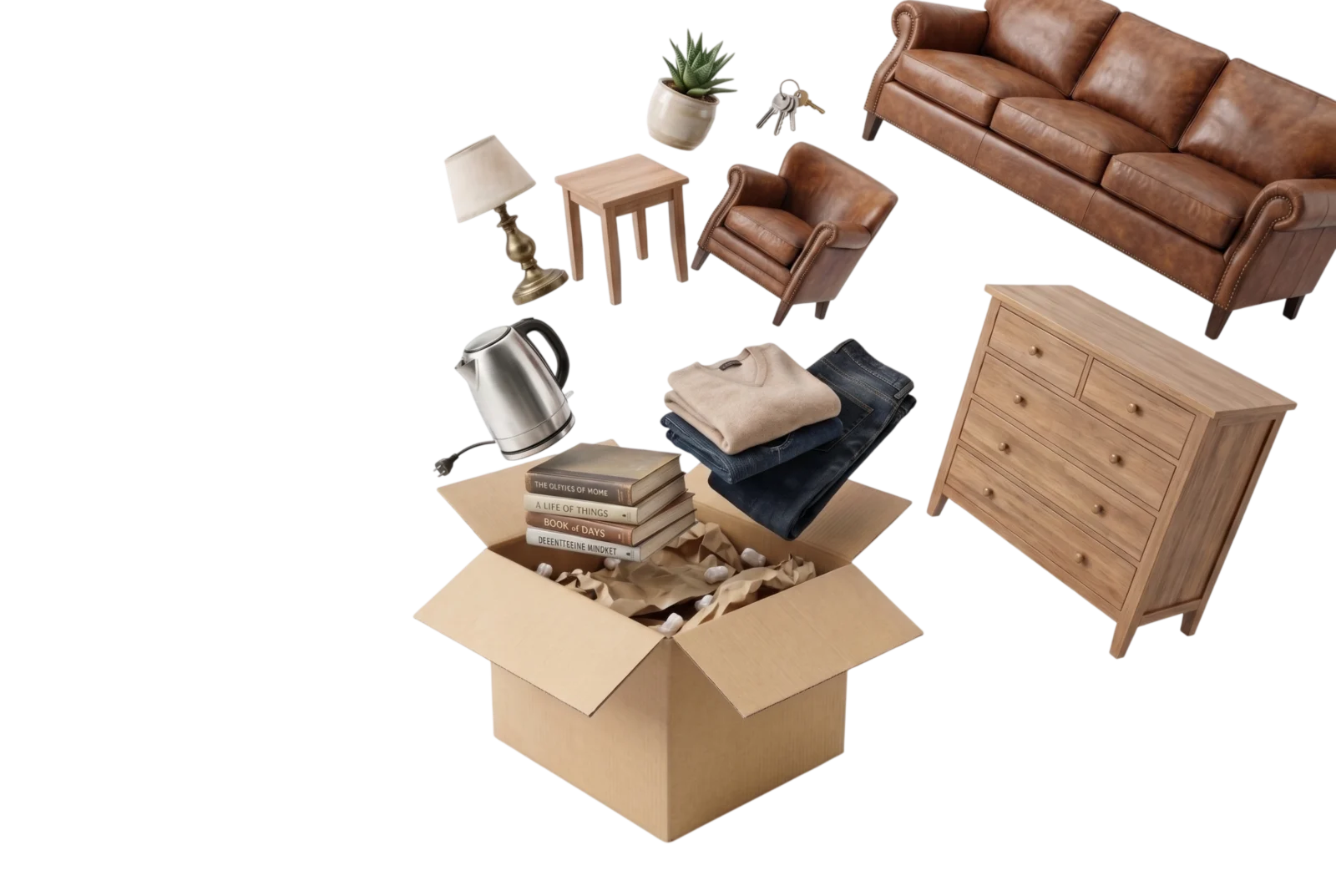 Furniture, household items and a packed moving box - Delta Movers Pro
